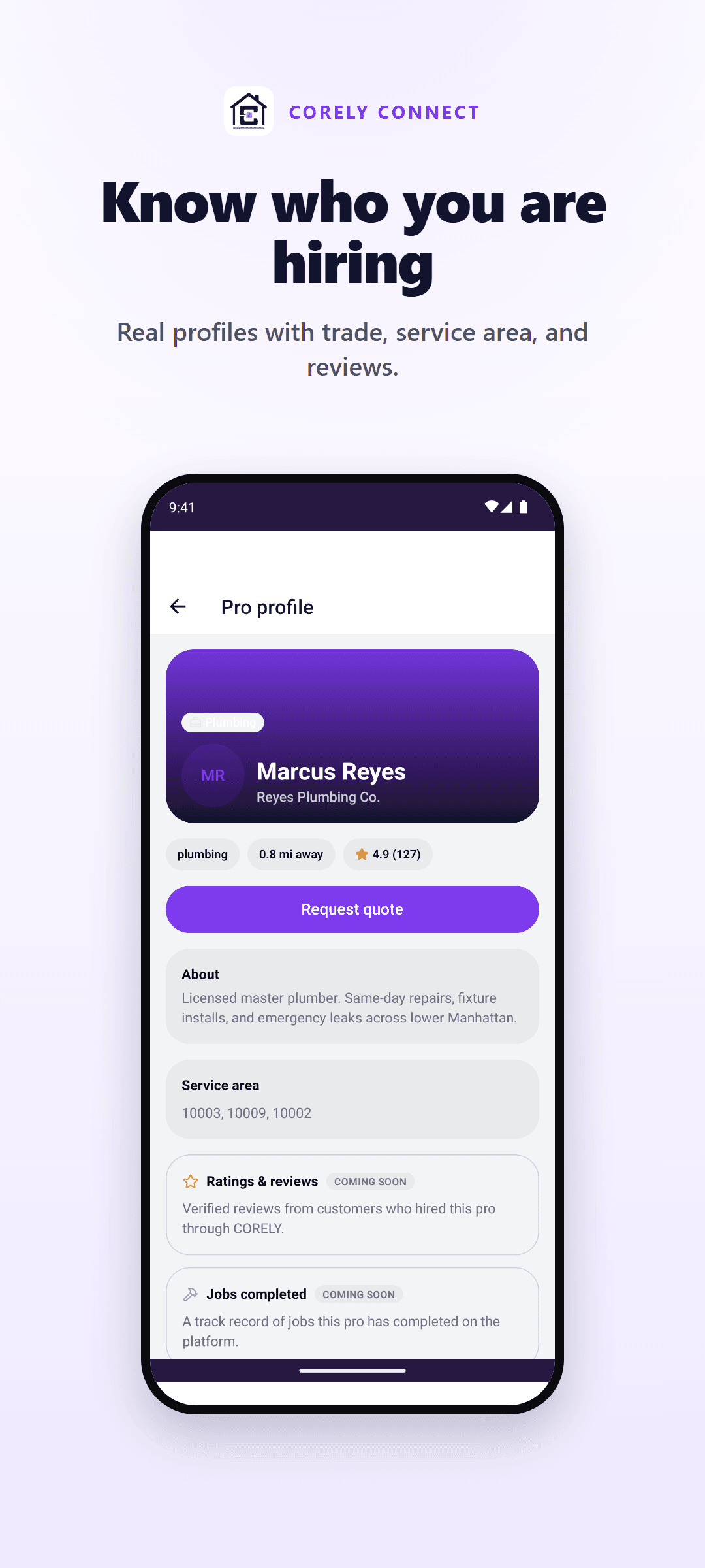 Corely Connect marketing graphic showing a professional profile