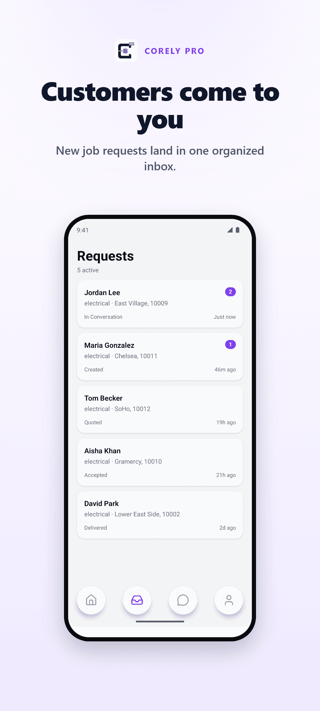 Corely Pro requests screen