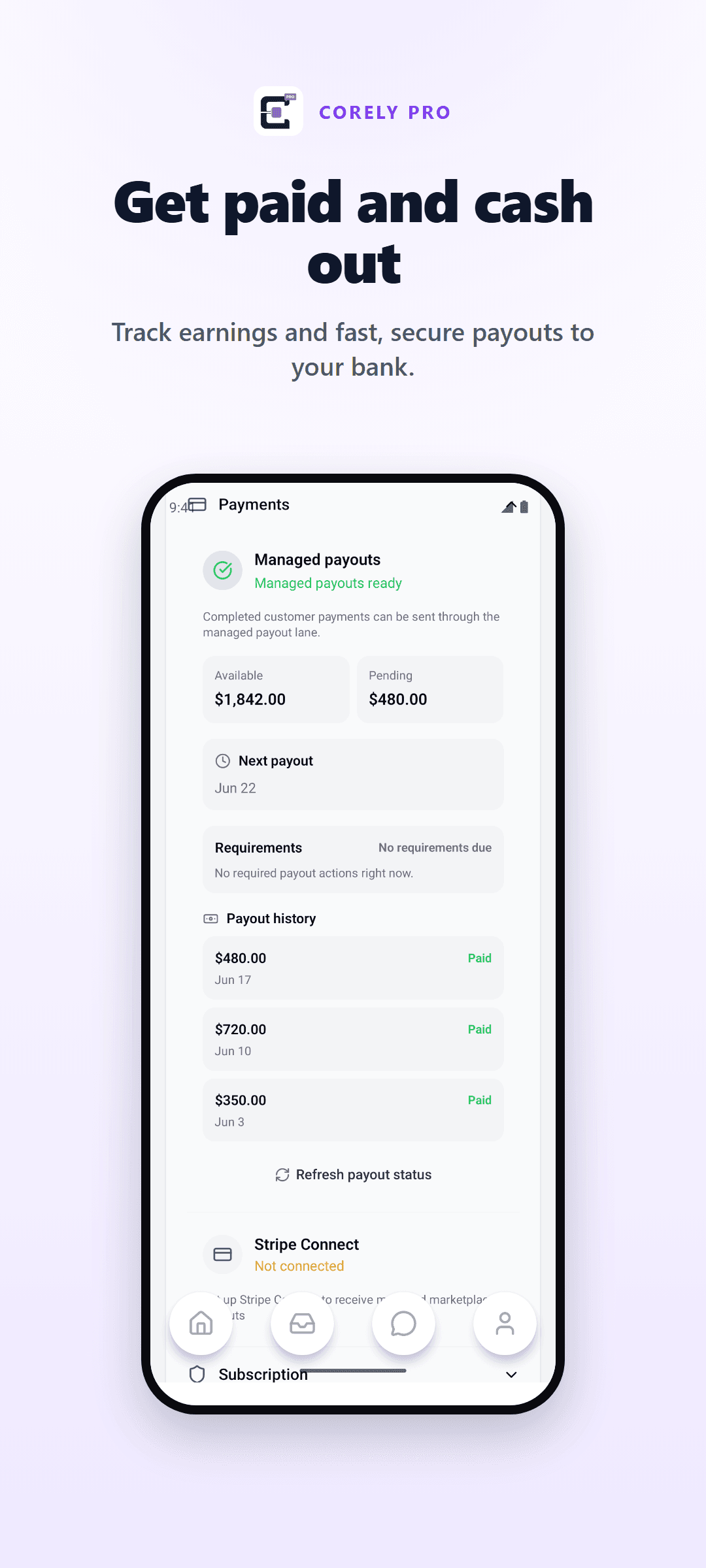 Corely Pro marketing graphic showing earnings and payout activity
