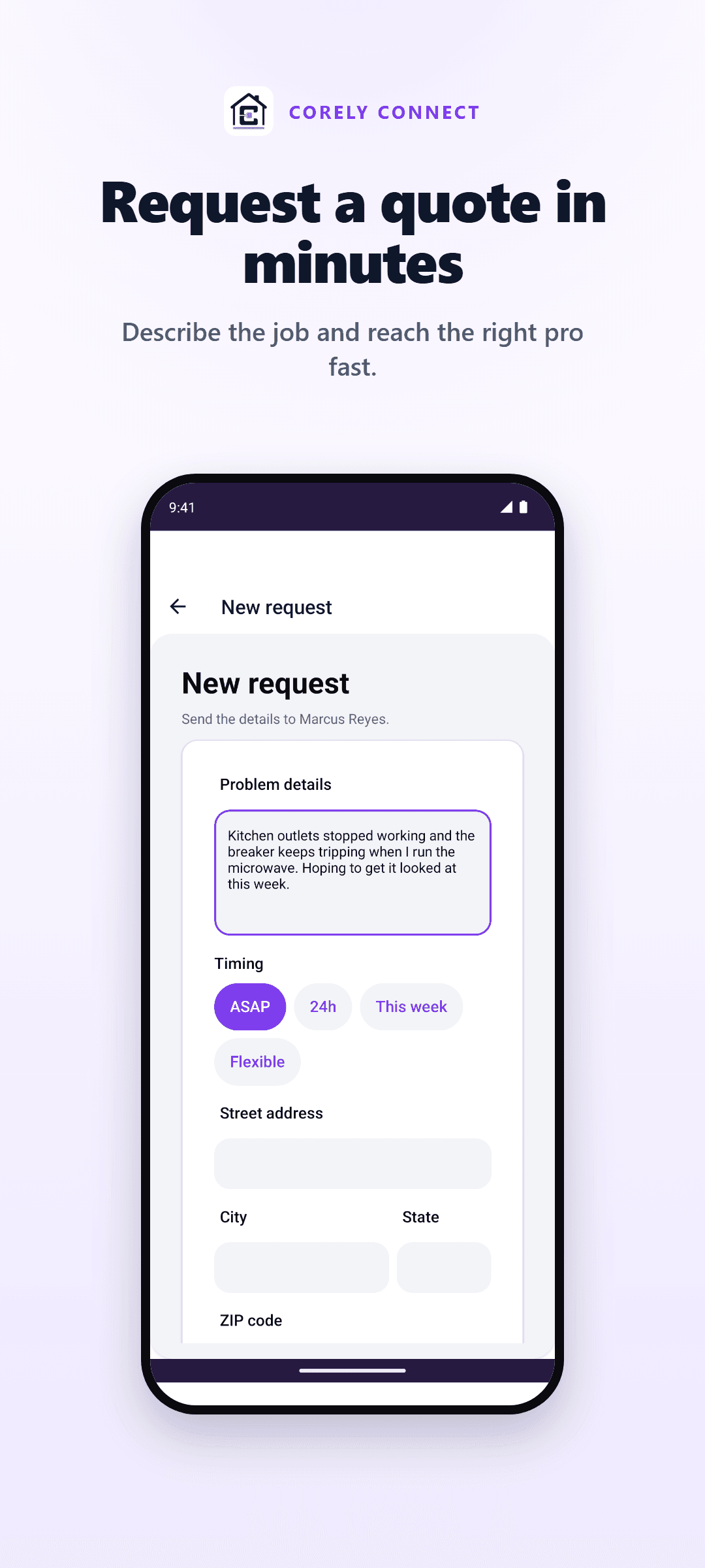 Corely Connect job request screen