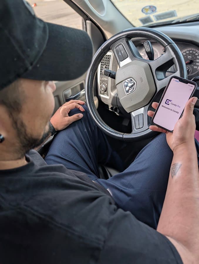 Service professional opening Corely Pro from the driver’s seat of a work truck