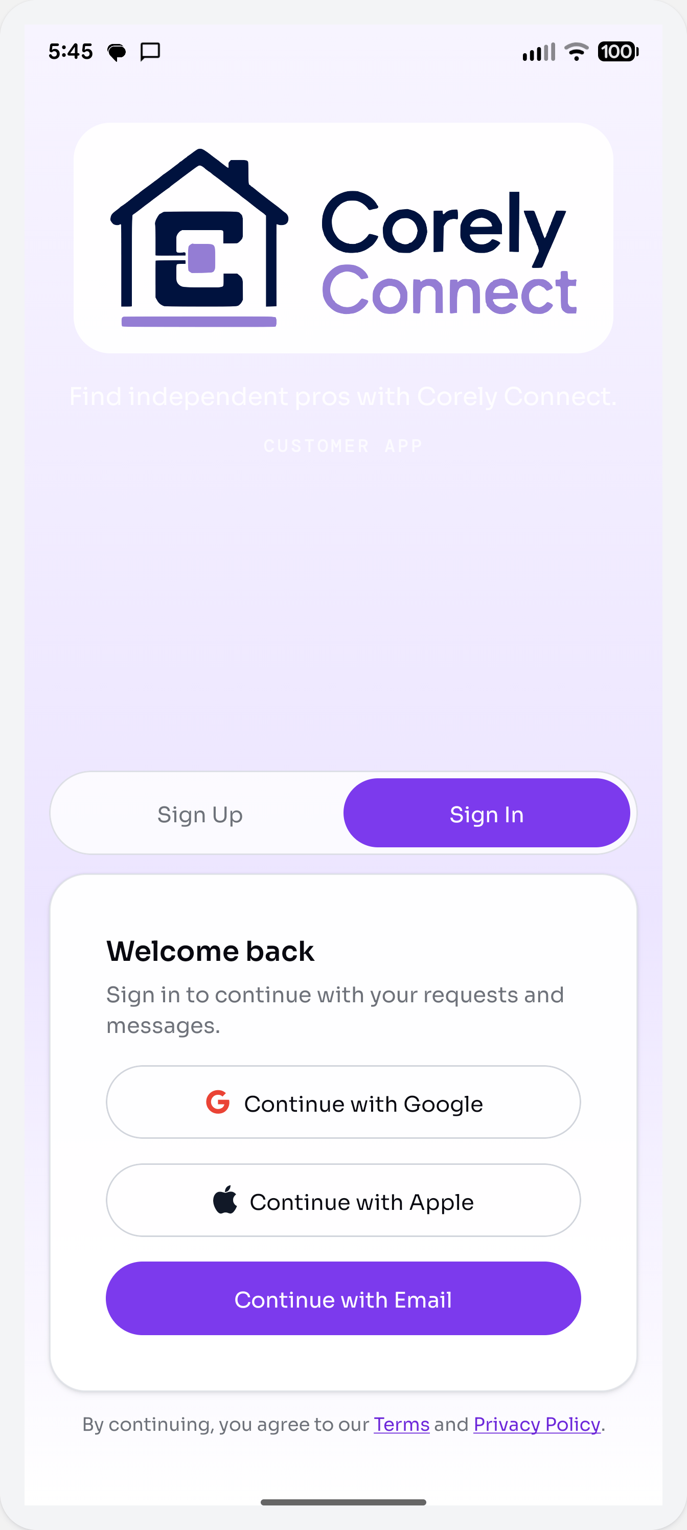 Corely Connect sign-in screen